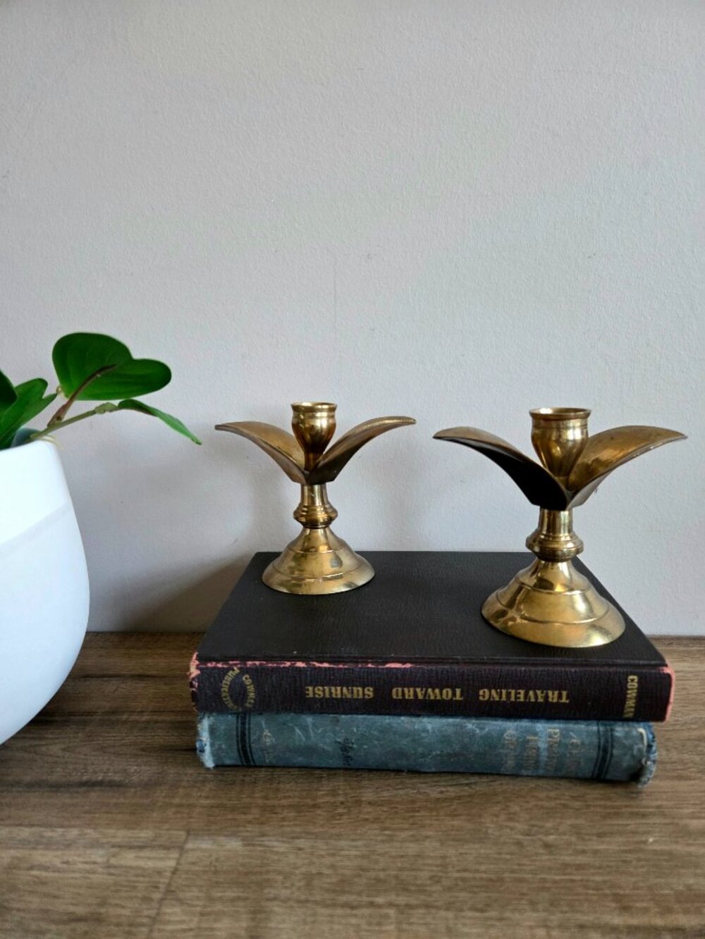 Pair of Solid Brass Vintage Handmade Candlesticks Candleholders Floral Shape